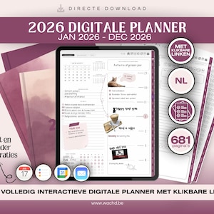 May include: A digital planner for 2026, displayed on a tablet, with a calendar layout and interactive links. The design includes a purple and white color scheme, with the text "2026 Digitale Planner" and "Jan 2026 - Dec 2026". Additional pages are visible.