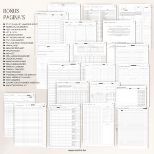 May include: A collection of printable planner pages in black and white. The pages include to-do lists, calendars, budget trackers, and more. Text on the pages includes "Bonus Pagina's" and "www.wachd.be".