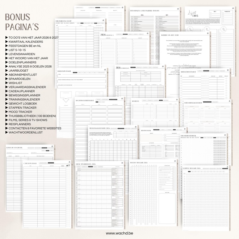 May include: A collection of printable planner pages in black and white. The pages include to-do lists, calendars, budget trackers, and more. Text on the pages includes "Bonus Pagina's" and "www.wachd.be".