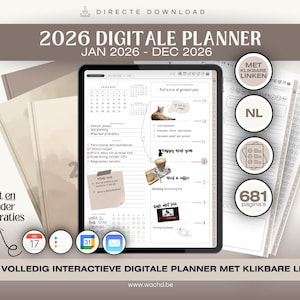 Op de afbeelding: Een digitale planner voor 2026 op een tablet, met de tekst "2026 Digitale Planner" en "Jan 2026 - Dec 2026". De afbeelding bevat extra pagina's, pictogrammen en de tekst "Een volledig interactieve digitale planner met klikbare links".
