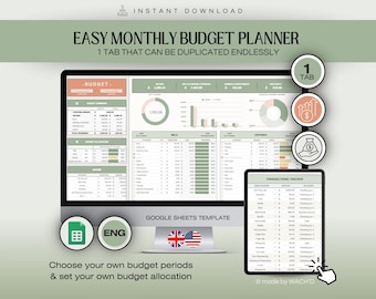 Planificateur de budget mensuel facile | Google Sheets | Planificateur budgétaire | Finances personnelles | Budget personnel | Budgétisation | Modèle de budget