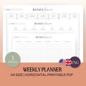 Op de afbeelding: Printbare weekplanner in A4-formaat met drie verschillende ontwerpen. De planner heeft een horizontale lay-out met ruimte voor elke dag van de week, inclusief maandag, dinsdag, woensdag, donderdag, vrijdag, zaterdag en zondag. De planner is ontworpen voor gebruik met de Engelse taal.