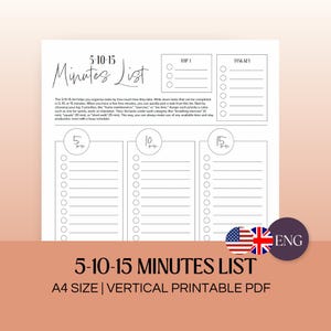 Op de afbeelding: Een printbare A4-formaat 5-10-15 minuten lijstplanner met een checklist voor taken die in 5, 10 of 15 minuten kunnen worden voltooid. De planner bevat een sectie voor de top 3 prioriteiten en een taaksleutel.
