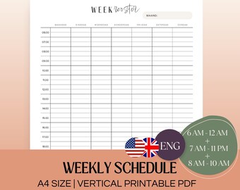 Weekly Schedule | A4 Portrait Printable PDF | Hourly Schedule | School Schedule | Weekly Hourly Planner | Weekly Time Planner |Weekly Agenda