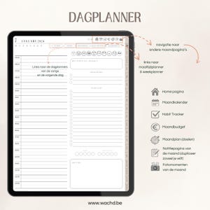 May include: A digital planner displayed on a tablet, featuring a clean, minimalist design. The screen shows a daily schedule with time slots, a to-do list, and sections for notes. The planner includes navigation links and icons for various functions.