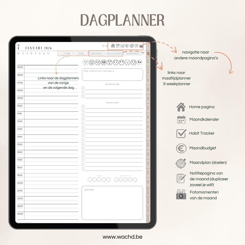 May include: A digital planner displayed on a tablet, featuring a clean, minimalist design. The screen shows a daily schedule with time slots, a to-do list, and sections for notes. The planner includes navigation links and icons for various functions.