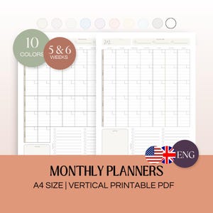 Op de afbeelding: Twee afdrukbare maandelijkse plannerpagina's in A4-formaat. De pagina's zijn verticaal en hebben een rasterindeling met ruimte voor notities en prioriteiten. De pagina's zijn ontworpen voor 5 en 6 weken en zijn verkrijgbaar in 10 kleuren.