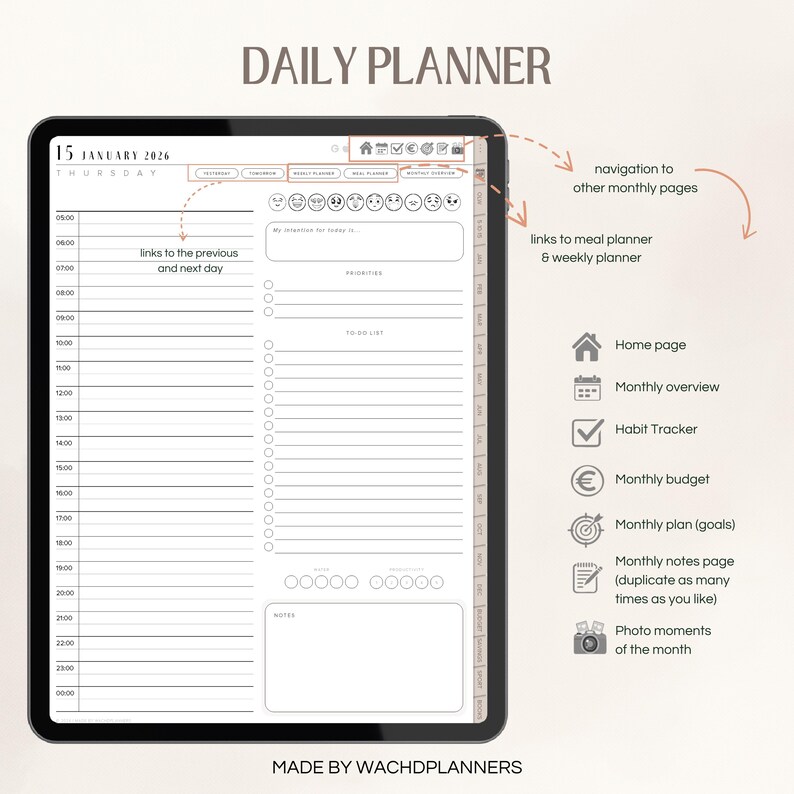 May include: A digital daily planner on a tablet screen. The planner displays the date, time slots, a to-do list, and sections for notes and priorities. The top of the screen has navigation options and the text "DAILY PLANNER".