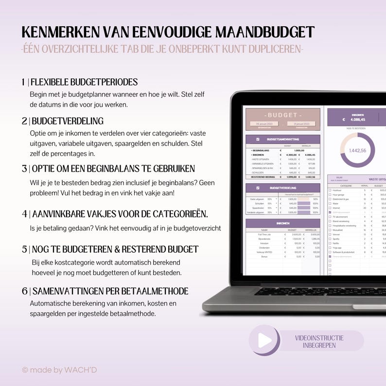 K&ouml;nnte beinhalten: Ein Laptop-Bildschirm zeigt eine Tabelle mit dem Titel "KENMERKEN VAN EENVOUDIGE MAANDBUDGET" und dem Text "&Eacute;&Eacute;N OVERZICHTELIJKE TAB DIE JE ONBEPERKT KUNT DUPLICEREN." Die Tabelle ist in Abschnitte mit &Uuml;berschriften wie "BUDGET", "BUDGETVERDELING", "OPTIE OM EEN BEGINBALANS TE GEBRUIKEN", "AANVINKBARE VAKJES VOOR DE CATEGORIE&Euml;N", "NOG TE BUDGETEREN & RESTEREND BUDGET" und "SAMENVATTINGEN PER BETAALMETHODE" unterteilt.