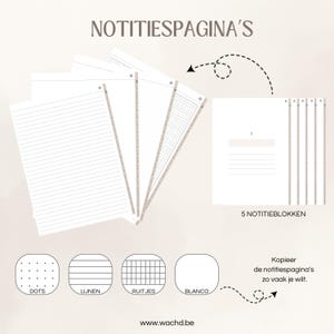 May include: White notepad pages with different layouts: lined, dotted, grid, and blank. The text "NOTITIESPAGINA'S" is at the top. The image also shows the text "5 NOTITIEBLOKKEN" and "Kopieer de notitiespagina's zo vaak je wilt."