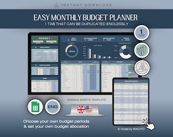 Planificateur de budget mensuel facile | Google Sheets | Planificateur budgétaire | Finances personnelles | Budget personnel | Budgétisation | Modèle de budget