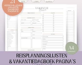 Travel Planning Lists & Vacation Diary (Dutch) | A4 Printable PDF | Printable Planner | Printable Diaries | Travel Planning