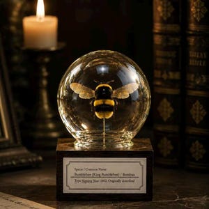 May include: A preserved bumblebee specimen suspended inside a clear glass sphere mounted on a dark wooden base. A white label on the front reads: Specie / Common Name: Bumblebee (King Bumblebee) / Bombus. Type Naming Year: 1802, Originally described.