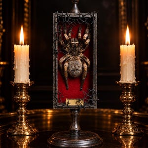 May include: A taxidermy tarantula displayed inside a rectangular wooden frame with a red velvet backing, adorned with black faux spiderwebs. The frame is mounted on a dark pedestal stand, flanked by two lit white candles in ornate gold candlesticks.