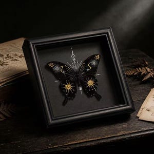 May include: A black butterfly specimen displayed inside a square black shadow box frame. The butterfly wings feature intricate gold and silver celestial patterns, including suns, stars, and crescent moons, set against a solid black background.