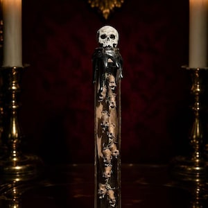 May include: A tall, clear glass test tube containing a vertical arrangement of small, dried, brown skull-shaped objects. The top is sealed with a cork, black wax drippings, and a small, detailed white skull figurine perched on the very top.