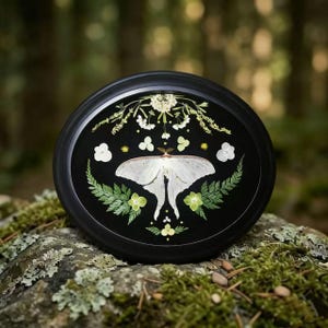 Può includere: Un vassoio decorativo rotondo e nero con una farfalla bianca dalle ali delicate, circondata da felci verdi, fiori bianchi e dettagli gialli. Il vassoio è ambientato su uno sfondo sfocato di foresta, creando un'estetica naturale e artistica.