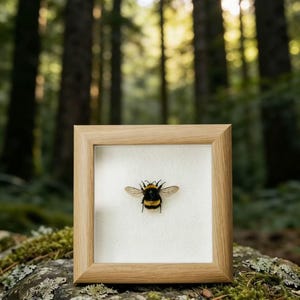 Peut inclure: Présentation encadrée d'un bourdon. L'insecte, avec ses rayures noires et jaunes et ses ailes transparentes, est présenté sur un fond blanc dans un cadre en bois clair. L'arrière-plan est une scène de forêt floue.