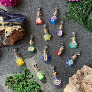 Può includere: Una collezione di ciondoli a forma di bottigliette di pozioni in miniatura in vari colori, forme e design. Ogni bottiglia ha un tappo di sughero e un'ansa argentata per appenderla. Le bottiglie contengono liquidi colorati e glitter, alcuni con etichette.