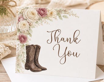 Cowboy Boot Thank You Cards, Floral Western Wedding Shower Note Cards, Set of 24