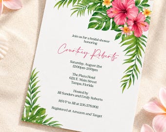 Tropical Bridal Shower Invitation, Printed Hibiscus Invite with Matching Shower Cards