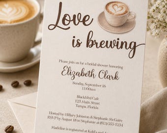 Love Is Brewing Bridal Shower Invitation – Coffee Cup Latte Tea Wedding Design, Printed