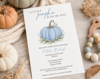 Pumpkin Baby Boy Shower Invitation, Printed Fall Invite with Matching Shower Cards