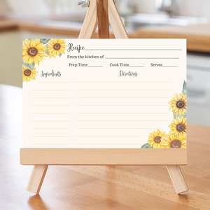 IMPRIMÉE, Cartes de recettes de tournesol, Shower de bébé, Été, Floral, Shower de mariage, Cadeau de pendaison de crémaillère, Carte recto-verso, Cartes de recette 4 x 6