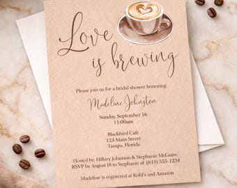 Love Is Brewing Bridal Shower Invitation – Coffee Cup Latte Tea Wedding Design, Printed