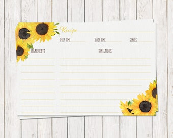 Sunflower Recipe Card Printable Instant Download DIY Bridal Shower Floral Kitchen Cook Book Watercolor Fall Wedding Matching