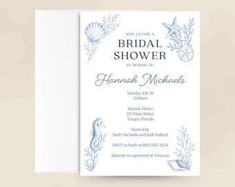 Coastal Bridal Shower Invitation – Seahorse Starfish Seashell Nautical, Printed