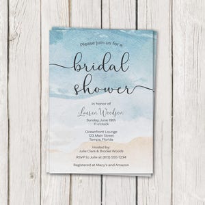 Printed Painted Beach Bridal Shower Invitations, Beach Ocean Sand Waves Summer Nautical Wedding Couples Shower, White Envelopes Included