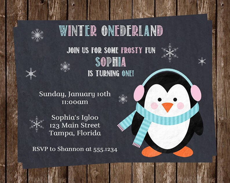 Pink 1st Birthday Blue Penguins Girl Chalkboard Onderland Birthday Party Invitations 10 Printed Invites Snow Snowflakes Boy