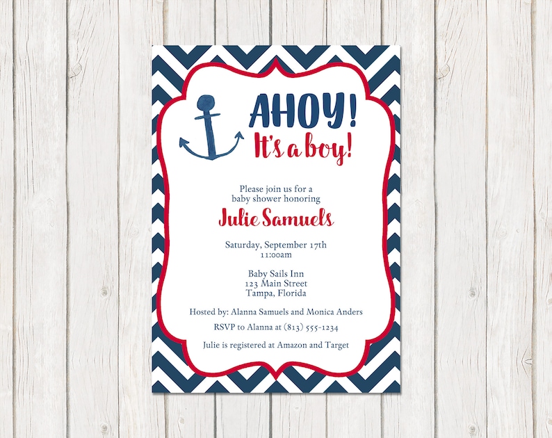 Red Navy Blue One Dollar Each with Envelope Included It/'s a Boy Invitation Chevron Ahoy Anchor Boys Nautical Baby Shower Printed