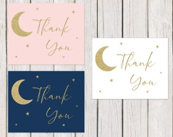Star And Moon, Thank You Cards, Baby Shower, Girl, Boy, Pink, White, Navy, Gold, Falling Star, Over The Moon, Folded Notes Blank Inside