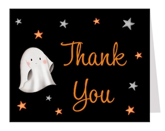 Halloween Thank You Cards, A Little Boo, Ghost, Black, Orange, Stars, Spooky, Baby Shower, Party, Autumn Fall Folded Notes, Blank Inside