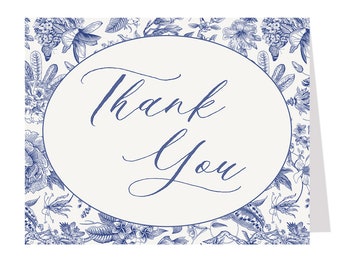 Floral Thank You Cards, Bridal Shower, Something Blue, Victorian, Vintage, Flowers, Antique, Blue, White, Wedding, Folded Notes Blank Inside