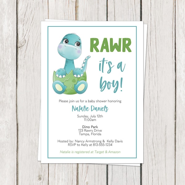 Printed Baby Shower Invitations, Dinosaur, Baby Dino, Blue Green, Rawr, It's a Boy, Sprinkle, Party, White Envelopes Included