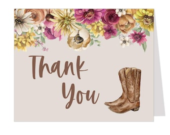 Cowboy Boots Thank You Cards Bridal Shower Boots and Bubbly Floral Western Country Rustic Folded Notes Blank Inside Wedding Stationary