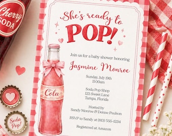 She's Ready to Pop Baby Shower Invitation – Vintage Soda Gingham Printed Invites with Envelopes
