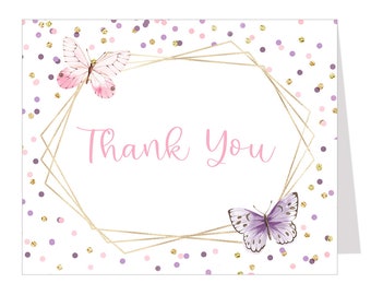 Butterfly Thank You Cards, Baby Shower Sprinkle Watercolor Butterflies Pink Purple Girl Glitter Dots, Printed Folding Notes, Blank Inside