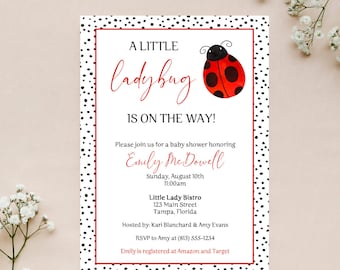 Ladybug Baby Shower Invitations, Polka Dot, Red, Black, White, Little Ladybug, Printable, Digital, INSTANT DOWNLOAD Fully Editable Invite