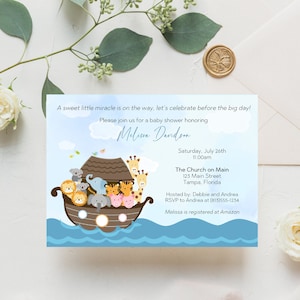 Noah’s Ark Baby Shower Invitation, Miracle, Religious, Twins, Two by Two, Printable, Digital, INSTANT DOWNLOAD Fully Editable Invite