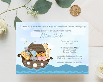 Noah’s Ark Baby Shower Invitation, Miracle, Religious, Twins, Two by Two, Printable, Digital, INSTANT DOWNLOAD Fully Editable Invite