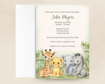 Jungle Safari Baby Shower Invitation – Watercolor Giraffe Lion Zebra Invite – Printed