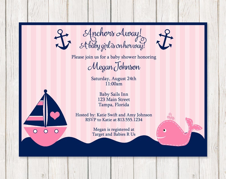 Nautical Baby Shower Invitations, Girls, Whale, Pink, Sailboat, Anchors, Away, Aweigh, Printable, INSTANT DOWNLOAD Fully Editable Invite 