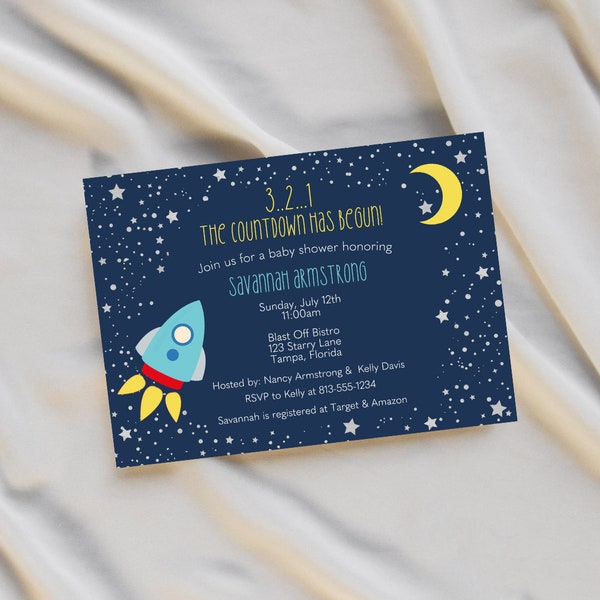 Printed, Rocket Baby Shower Invitations, Space Ship, Boy, Space, Spaceship, Outer Space, Blast Off, Moon, White Envelopes Included