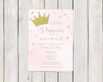 Printed, Princess Baby Shower, Invitation, A Little Princess, Pink, Gold, Tiara, Royalty, Watercolor, Confetti, White Envelope Included