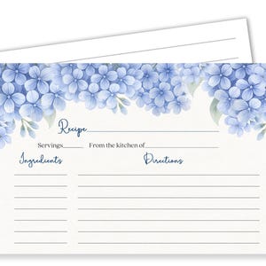 PRINTED Hydrangea Recipe Card, Bridal Shower, Double Sided Cards, Something Blue , Wedding image 1
