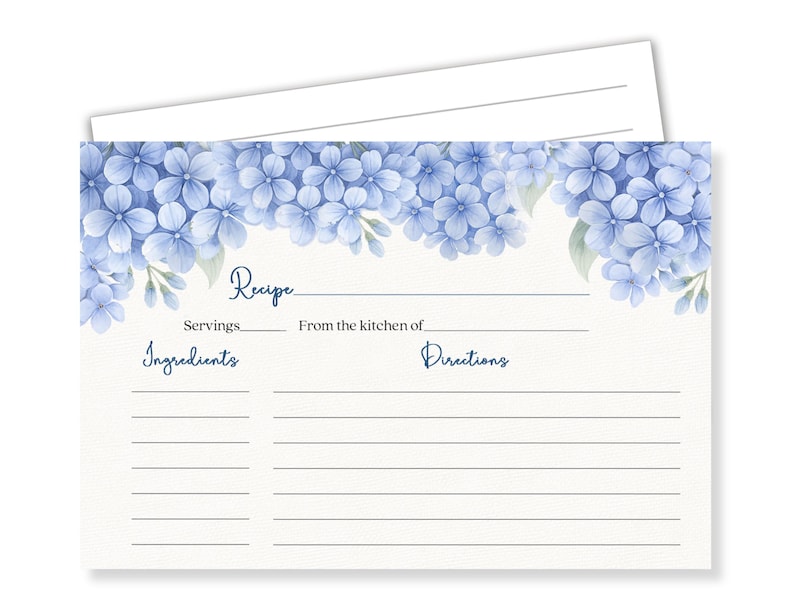 PRINTED Hydrangea Recipe Card, Bridal Shower, Double Sided Cards, Something Blue , Wedding image 1